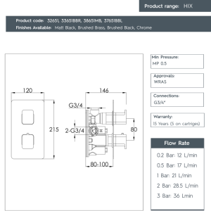 JTP- HIX Thermostatic Concealed 1 Outlet Shower Valve -38651-spec