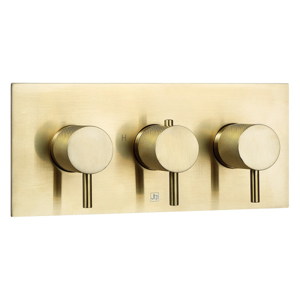 JTP - VOS 2 Outlet Three Handle Horizontal Concealed Thermostatic Shower Valve with Designer Handle in Brushed Brass - DH23693ABBR