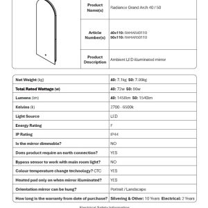 hib - Radiance Grand Arch Mirror - spec